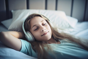 Fototapeta premium Young Girl hearing Music, made with Generative AI