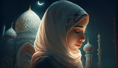 muslim young girl praying on a mosque with starry and crescent moon moon night, mosque at night, wallpaper, girl in a mosque, Generative AI,  - obrazy, fototapety, plakaty