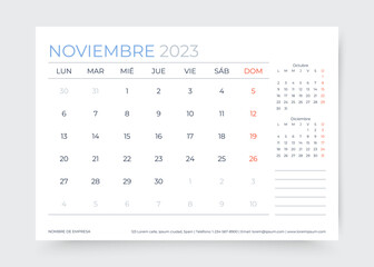 Calendar for November 2023 year in Spanish. Planner calender template. Week starts Monday. Desk corporate diary. Monthly organizer. Schedule grid. Timetable layout. Vector illustration Paper size A5