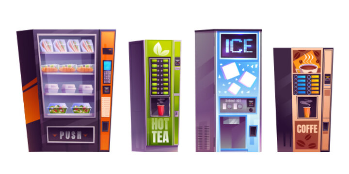 Cartoon Set Of Vending Machines Isolated On White Background. Vector Illustration Of Retail Trade Equipment Selling Fresh Snacks, Salads, Sandwiches, Tea, Coffee, Ice Water At Shopping Mall Or School