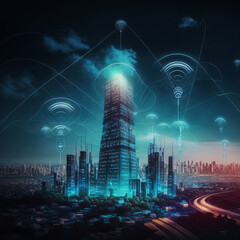 Wireless communication technology. Smart city and communication network concept. By generative AI.