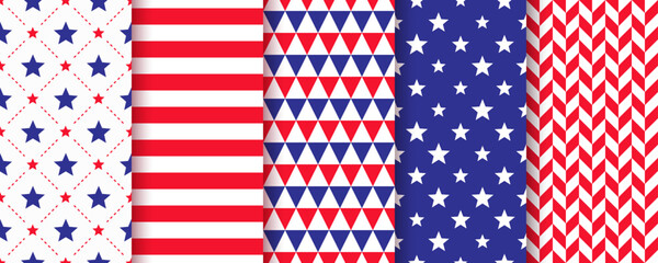 4th july backgrounds. American seamless pattern. Patriotic textures. Happy independence prints. Set of geometric backdrops. USA flag blue red backdrops with stars and stripes. Vector illustration.