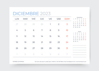 December 2023 year calendar in Spanish. Planner calender template. Week starts Monday. Desk monthly organizer. Timetable grid. Table schedule layout. Corporate diary. Vector illustration Paper size A5