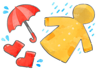 傘と長靴とレインコートのイラスト　手描き　水彩風