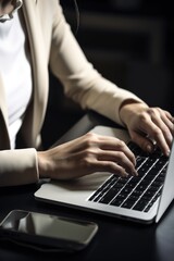 Fototapeta na wymiar Business woman working at a laptop in office. Generative AI