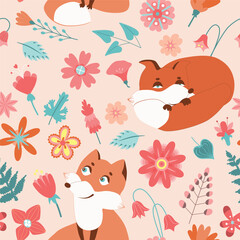 Garden flower, plants, botanical, seamless pattern vector design with cute foxes for kids, fabric, wallpaper and all prints on cream background color. Cute pattern in small flower. Small spring, color