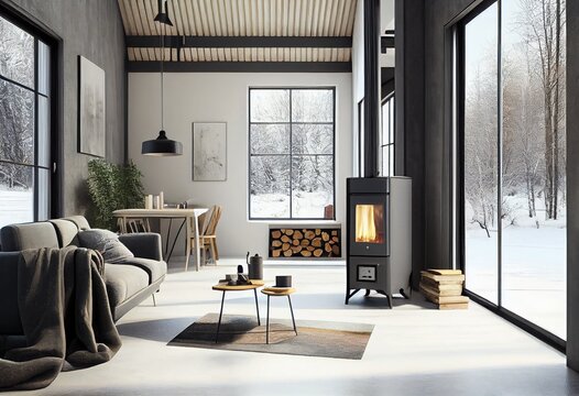 Modern living room with a hanging wood stove running during the winter. Generative AI. Digital Art Illustration