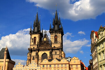Gothic Church of Virgin Mary in front of Tyn, Tyn Church in Prague, on Old Town Square. Medieval...