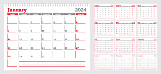 Calendar 2024 planner template. Week starts on Sunday. Set of 12 months. Vector illustration