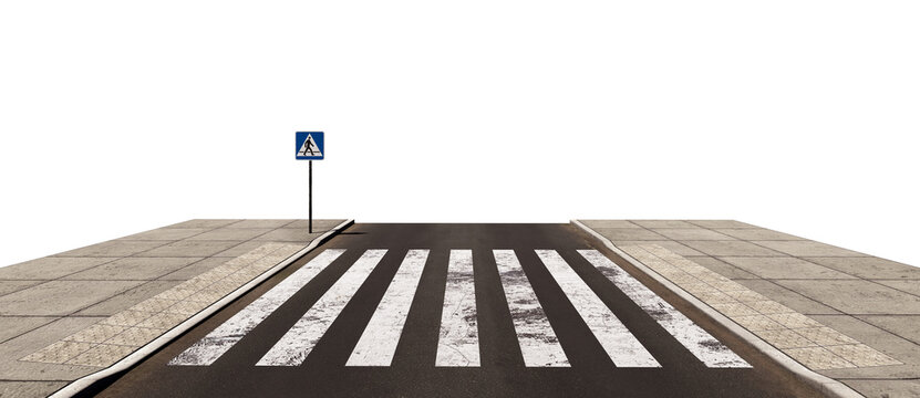 Empty asphalt crosswalk with two sidewalks in PNG isolated on transparent background.