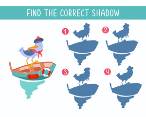 Find correct shadow. Educational puzzle game for children. Seagull in uniform of sailor on boat. Cartoon characters. Vector illustration.