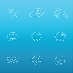 Weather line icons isolated on blue background. Weather icons for web and mobile app. Vector illustration