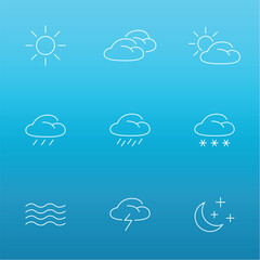 Weather line icons isolated on blue background. Weather icons for web and mobile app. Vector illustration