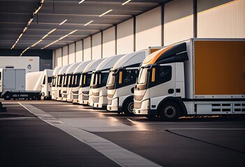 Fleet of company electric vehicles charging in the logistic hall center. Unloading of a semi truck used for delivery. sun and wind energy production facility. Consumer shipping and. Generative AI - obrazy, fototapety, plakaty