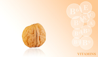 fresh kernels, broken and whole walnuts close-up isolated on color gradient background with markings of vitamins found in walnut