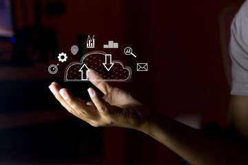 Hand touching hologram sign cloud computing for digital icon modern business technology concept