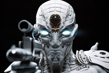 Alien robotic warrior sniper aiming at the scope. digital ai art