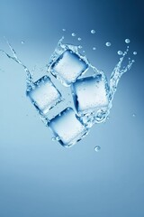 ice cube and water splash, 3d ice cubes isolated on blue background