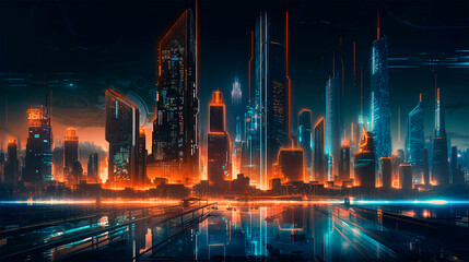 futuristic city of the future with setting sun