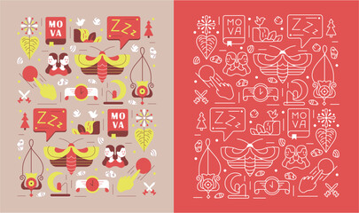 Fototapeta na wymiar Set of vector icons in a pattern: twins, moth, moon, clock, etc. Pattern in red color.