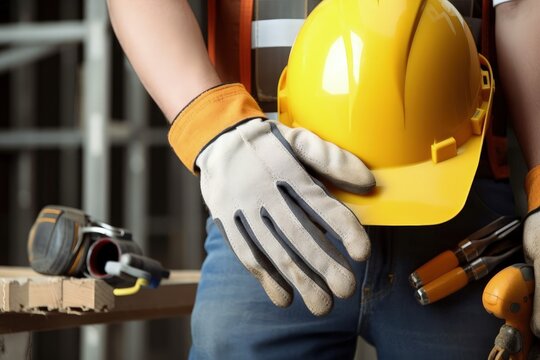 Hard Hat Wearing Construction Worker with Protective Gloves. Generative AI