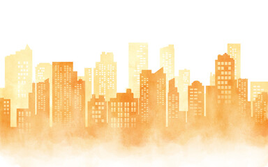 Fototapeta premium Cityscape yellow orange watercolor silhouette drawing.