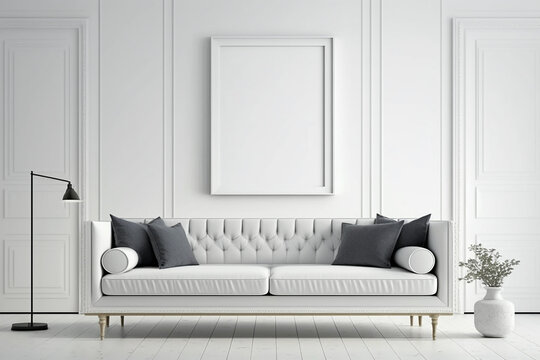 Blank picture frame mockup on white wall modern living room design view of modern scandinavian style interior with sofa highly detailed fur with Generative AI technology