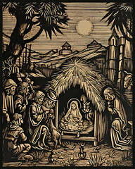 woodcut print of a christmas nativity scene