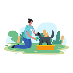 Cartoon character of young woman from volunteering organization washing homeless dog. Goodness, mercy, hope and love. Charity and assistance for pets. Vector