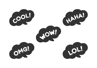 Cute speech bubble with short phrases cool, omg, wow, haha, lol online messaging icon set. Simple flat vector illustration.