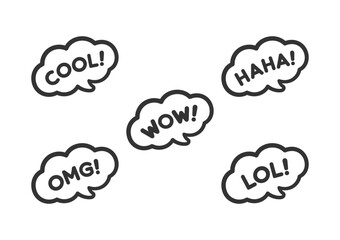 Cute speech bubble with short phrases cool, omg, wow, haha, lol online messaging icon set. Simple flat vector illustration.