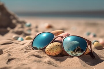 Fototapeta na wymiar sunglasses resting on a sandy beach with ocean waves in the background. Generative AI