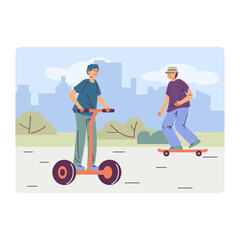 Cartoon characters of young men using segway and skateboard. Active urban lifestyle. People using modern green transport. Safe vehicle rental services. Vector