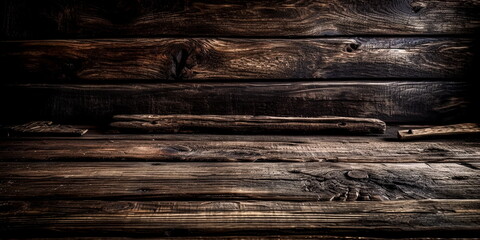 Wooden wall with wooden planks in dark room for background.
