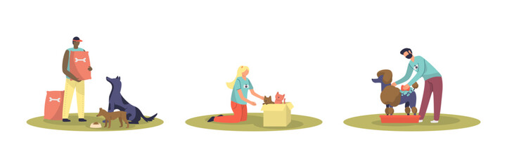 Set of cartoon characters volunteering when helping pets. Giving support for domestic animals. Social active youth. Charity and donations for dogs and cats. Vector