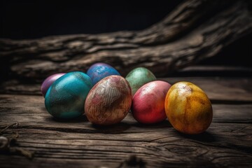 colorful Easter eggs arranged in a row on a wooden table. Generative AI