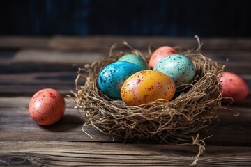 bird's nest with eggs on a rustic wooden table. Generative AI