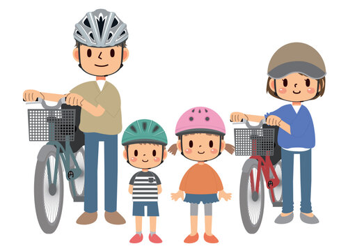 自転車を押した両親とこどもたち
