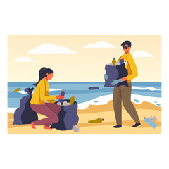 Obraz premium Cartoon characters of young people gathering trash near lake. Environmental protection and nature care. Volunteers taking care of environment. No garbage and overconsumption. Vector