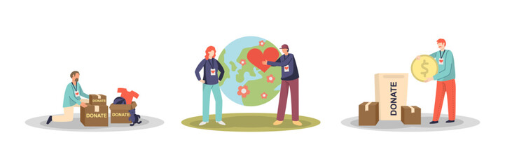 Set of cartoon characters collecting clothing and money for charity. Humanitarian aid organization representatives. Voluntary altruistic activity. Donations and financial support. Vector