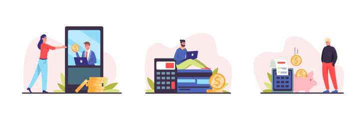 Set of young people investing and managing their money using banking services. Banking operations and payment processing. Communication with office manager when depositing money. Vector