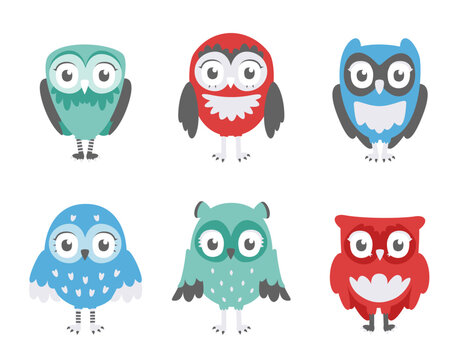 Set of different owls. Cute birds in flat style.