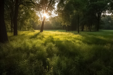 Naklejka premium Beautiful warm summer or spring widescreen natural landscape of park with a glade of fresh grass. generative ai