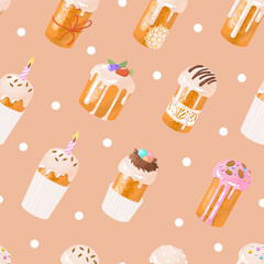 Endless seamless pattern for decorating Easter paraphernalia.The traditional celebration of Easter in April.  Sweet pastries covered with icing. Vector illustration.