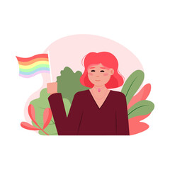 Cartoon character of young woman supporting lgbt community. People participating in pride parade against violence and discrimination. Equality and homosexuality. Vector