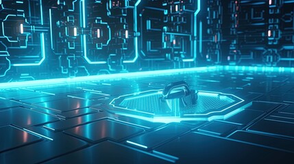 Cyber security concept with closed padlock on hexagons background 3D rendering.generative Ai