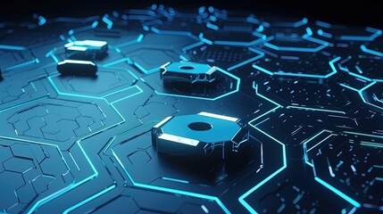 Obraz premium Cyber security concept with closed padlock on hexagons background 3D rendering.generative Ai