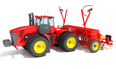 Tractor with Seed Drill 3D rendering on white background