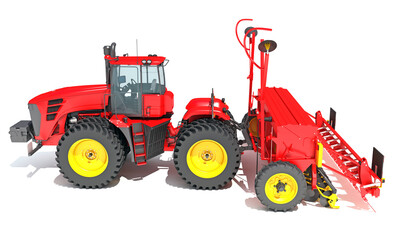 Tractor with Seed Drill 3D rendering on white background