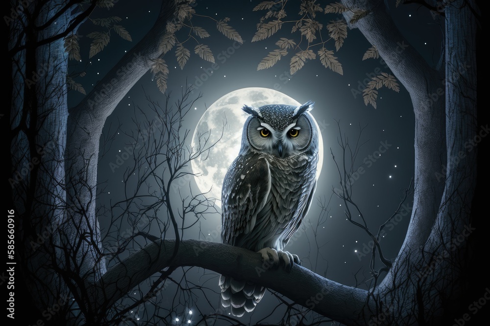 Poster night forest with moon and stars shining through the trees, and owl perched on branch, created with generative ai